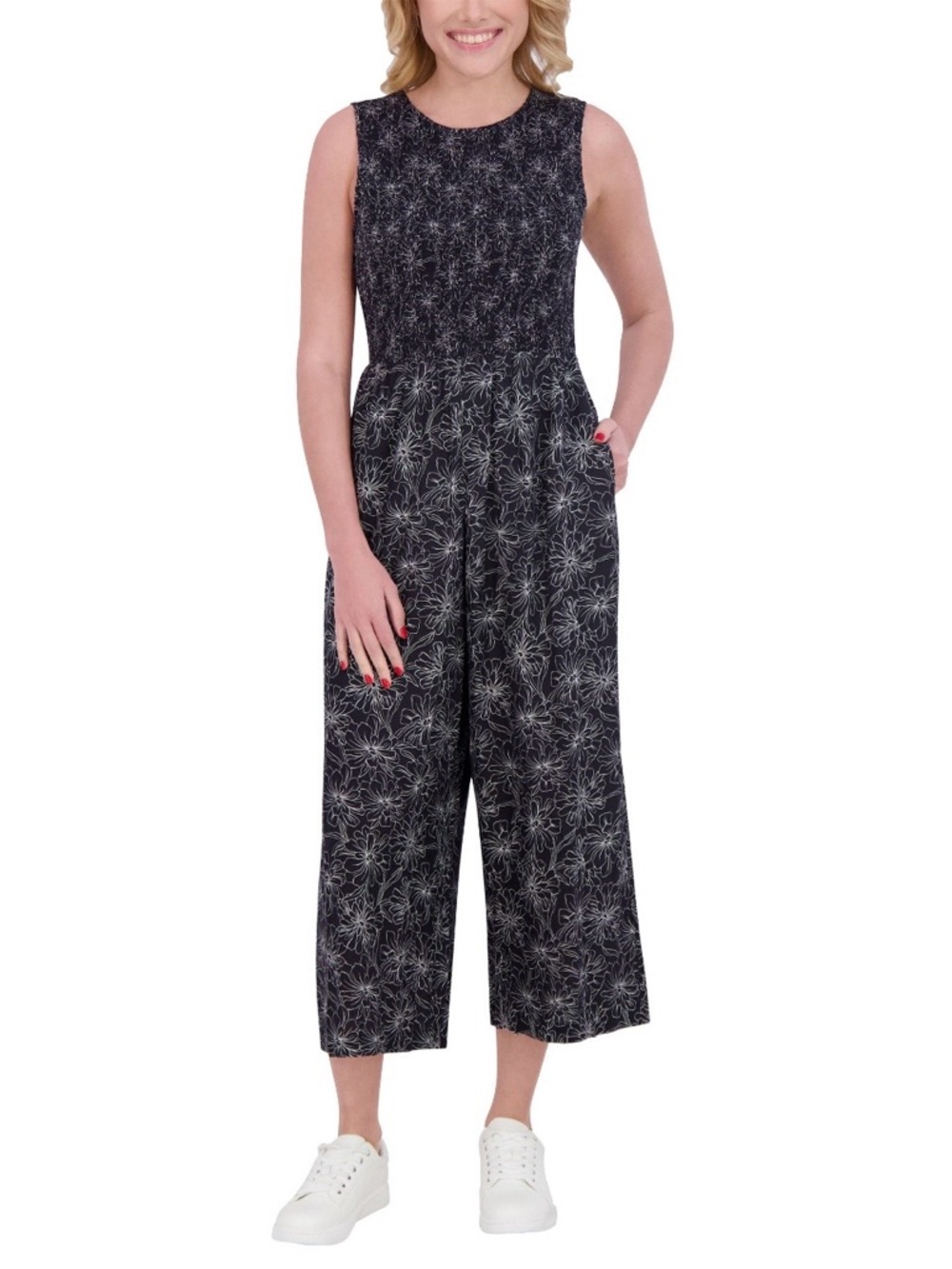 Andrew Marc Black Floral Print Sleeveless Wide-Leg Jumpsuit - Picture 1 of 13